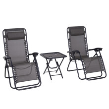 Folding Zero Gravity Chairs, 3 Pieces Adjustable Sun Lounger and Table Set with Cup Holder and Headrest, for Outdoor, Dark Grey