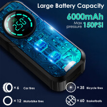 Portable Wireless Tire Inflator 150 PSI 6000mAh with LED