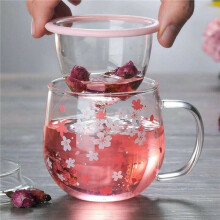 2X Sakura Mug Glass Mug with Tea Infuser Filter&Lid Blossoms Cup Set Blossoms Flower Teacup 300Ml Glasses