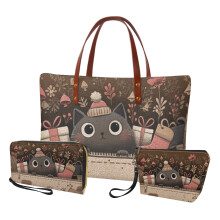 Christmas Cat PU Leather Handbag Set for Women 3pcs