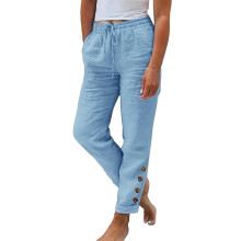 Women's Cotton Linen Wide Leg Pants Light Blue S-5XL