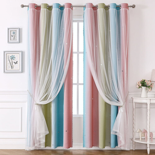 Double-Layer Rainbow Gradient Blackout Curtains Peach Green