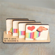 Set of 4 Dachshund Coasters with Holder, Dachshund Dog Wood Coaster Set Dining Table Decor, Animal Themed Coasters