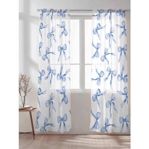 Blue Bow Sheer Curtains Voile Light-Filtering 52x84 in 2 1