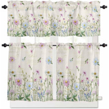 Floral Kitchen Curtains Set Green Blue Pink 3-Piece