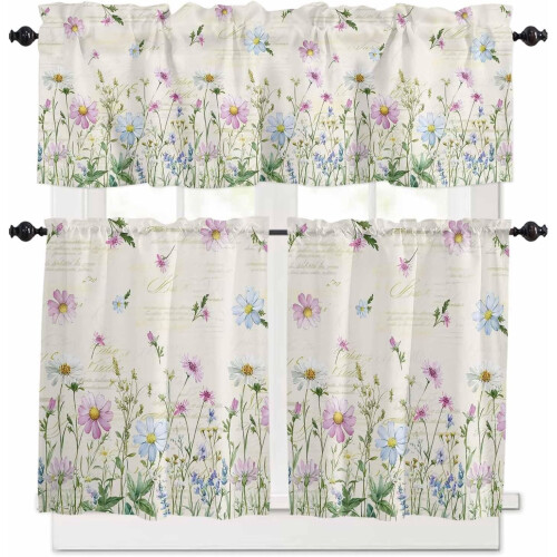 Floral Kitchen Curtains Set Green Blue Pink 3-Piece