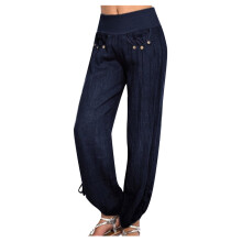 Women's Cotton Linen High Waist Wide Leg Trousers Navy S-3XL