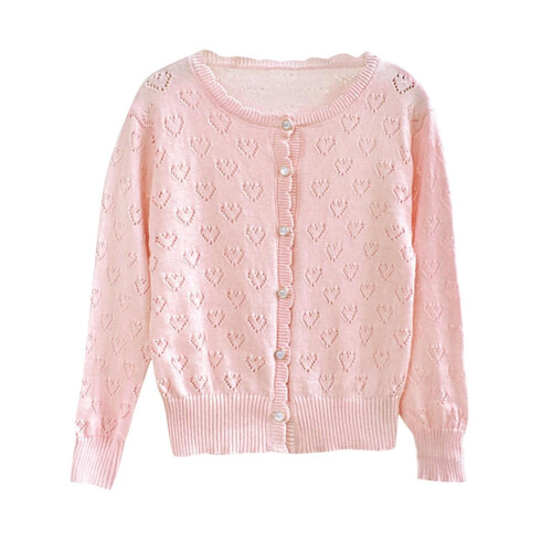 Girls Knit Cardigan Solid Color Long Sleeve Lace Heart 1