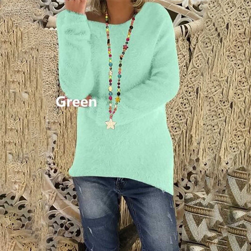 Women's fluffy fuzzy sweater solid color long sleeve round 1