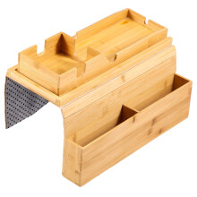 Bamboo Couch Cup Holder with Side Pocket and Non-Slip Tray