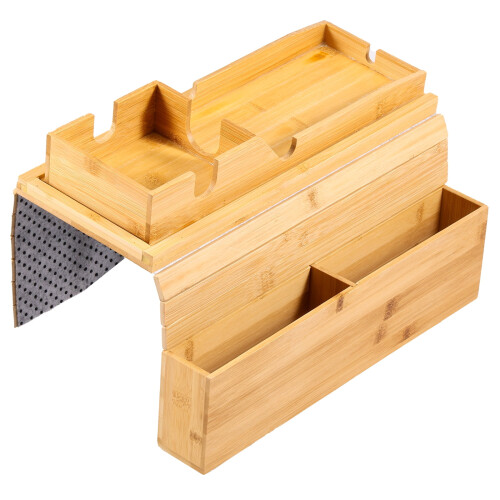 Bamboo Couch Cup Holder with Side Pocket and Non-Slip Tray