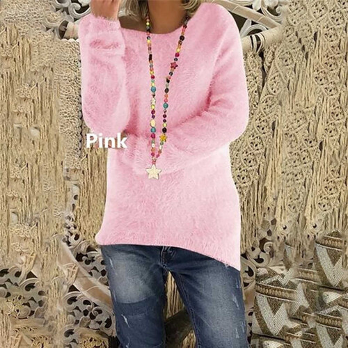 Women's Fluffy Fuzzy Sweater Solid Color Long Sleeve Round 1