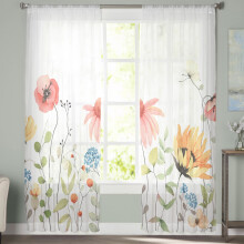 Sheer Curtains Farmhouse Rustic Pink Yellow Flowers White