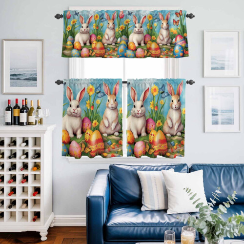 Easter Bunny Eggs Kitchen Curtains Set Spring Flower Blue 1