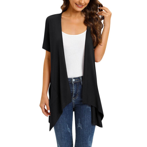 Women's Lightweight Short Sleeve Open Front Cardigan Black 1