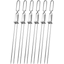 6er-Pack Spieße zum Grillen, 16,5" Doppelt Gezackter Flacher Edelstahl-BBQ-Spieß mit Druckstange - Kabob-Spieße Spießstange