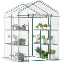 Walk in Greenhouse with 3-Tier 8 Shelves, Green House with Hemmed Cover, Roll-up Zipped Door, Steel Frame, 143 x 143 x 195cm