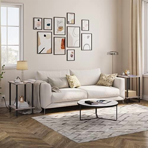 Side Table with Charging Station USB Outlet 2-Tier Greige 1
