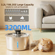 Fuente de Agua para Gatos Inalámbrica, 3.2L de Acero Inoxidable, Sin Cable y Recargable, Sensor de Movimiento, Apta para Lavavajillas, Capacidad de
