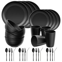 Ensemble de Vaisselle Incassable de 32 Pièces pour 4 Personnes, Assiettes et Bols en Plastique pour le Camping, Compatibles