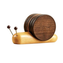 Ensemble de 5 Sous-Verres Mignons en Forme D'Escargot avec Support, Sous-Verres en Bois Naturel Magnétique pour Boissons, Cadeaux de Décoration