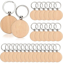 100 PCS Unfinished Wooden Keychain Blanks for Engraving, 7mm Thick Round DIY Wood Tags, Stainless Steel Keychain