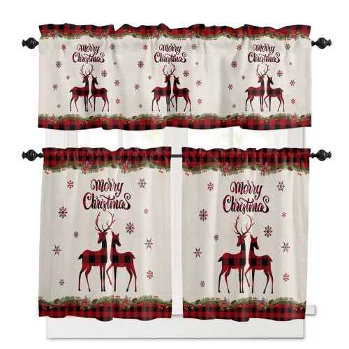 Christmas Red Kitchen Curtains and Valances Set 3-Piece
