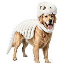 Dog Pet Dinosaur Framework Costume, Soft Plush T Rex Halloween Outfit 3D Dinosaur Bone Hood Outfits Clothes White