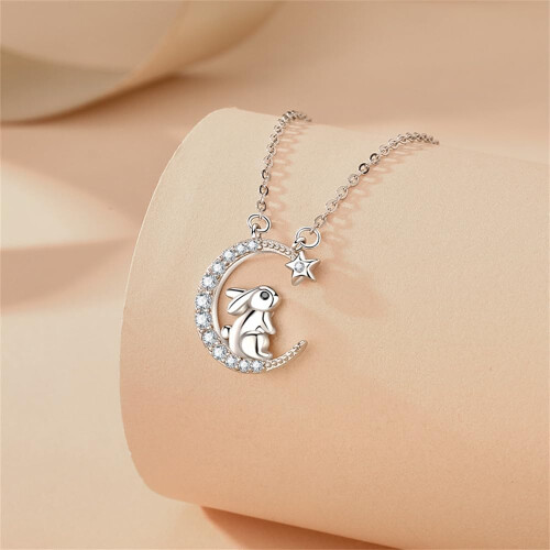Rabbit Crescent Pendant Necklace S925 Sterling Silver 2