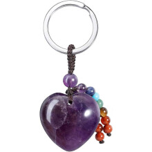 (As show, One size) Llavero de cristal de amatista natural en forma de corazón, gema curativa de los 7 chakras, dije para