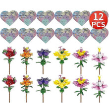 (As show, One size) 12PCS Flower Building Block Puzzle Toys for Valentines Day Kids School Class Valentines Party Gift Exchange