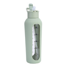 Bouteille d'eau en verre avec paille et bouchon à poignée, 700 ml. Indications des temps de consommation.