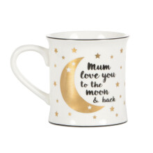 Gouden, zwarte en witte mok met de tekst 'Mum, ik hou van je tot de maan' - perfect cadeau voor Moederdag.