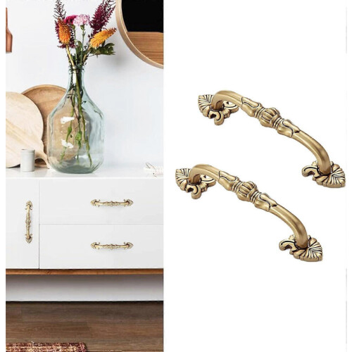 (As show, One size) 2 Pack 5'' Brass Cabinet Pulls Antique Floral Pattern Cupboard Handle Drawer Pulls Solid Brass Kitchen Hardware Matte