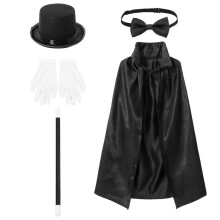 Costume de magicien pour enfants (garçons et filles) : cape, chapeau, baguette magique, gants et cravate.