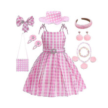 Déguisement Barbie pour fille, rose à carreaux, style Margot Robbie, robe de princesse pour enfant,