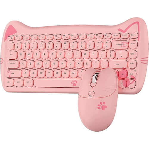 - Cute Cat Pastel Pink Wireless Keyboard And Mouse Set, 84 Keys Retro Typewriter