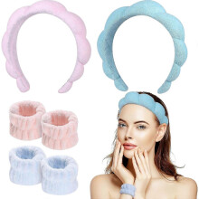 (As show, One size) Spa-pannband, 2 st sminkpannband med 4 st ansiktstvättarmband Moderiktigt mjukt hårband Halkfritt frottépannband