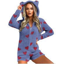 Women's Blue Hooded Loungewear Jumpsuit Polyester Zip Front