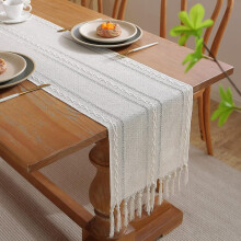 (As show, One size) Chemin de table style maison de campagne avec pompons, blanc rustique, 33 x 160 cm