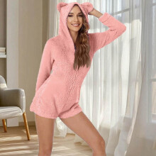 Women's Pink Hooded Onesie Polyester Size L