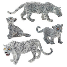 Set van 4 sneeuwluipaardfiguurtjes, realistische modellen van wilde dieren voor kinderspel.