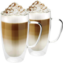 2x Dubbelwandige geïsoleerde glazen koffiemokken/thermische theekopjes, transparant, 450 ml
