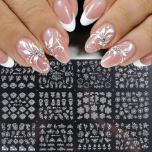 Adesivi per unghie con fiori, adesivi 3D autoadesivi bianchi per nail art floreale, design francese