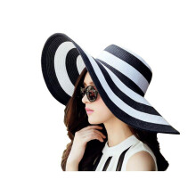 1 stuk dameshoed, wit en zwart gestreept, opvouwbaar, strandhoed met brede, elegante rand, zomerse strandpet
