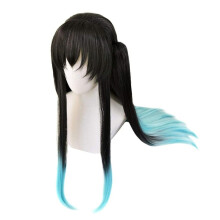 Unisex Japansk Anime Cosplay Peruk Lång Gradient Svart Blå Hår Med Svansklämmor