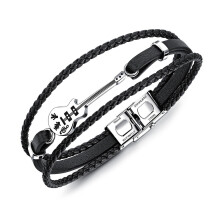 Bracciale rigido da uomo Veeki in pelle, nero e marrone, con corda intrecciata multistrato e chiave