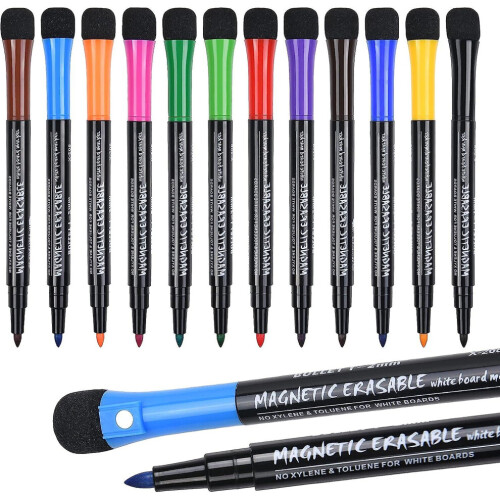 Marqueurs pour tableau blanc, lot de 12 marqueurs à pointe effaçable à sec, stylos effaçables à sec