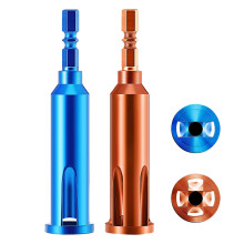 Draadverdraaiingsgereedschap met zeskantschacht, 1/4 inch batchkopconnector, kabelstripper en draadverdraaier.