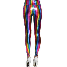 Leggings da donna olografici metallizzati arcobaleno, collant neon glitterati a righe stampate
